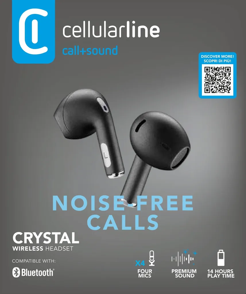 Écouteurs Bluetooth Crystal Cellularline TWS avec étui de charge Noir