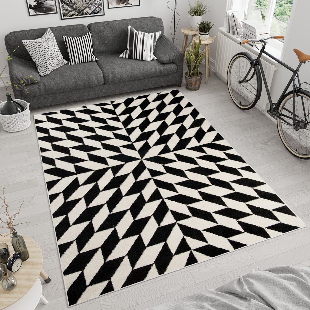 Teppich Wohnzimmer Schlafzimmer Kurzflor Modern Design Geometrisch Marokkanisch Karo Kariert Vierecke Creme Schwarz 160 x 220 cm