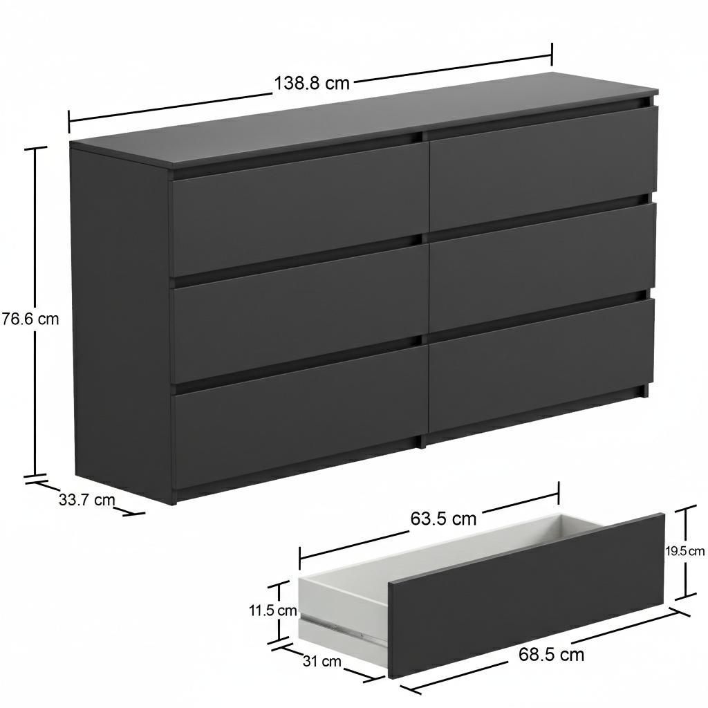Kommode Schubladenkommode Schwarz Matt 140 cm mit 6