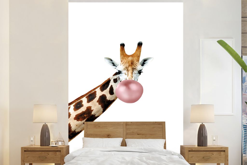 MuchoWow Fototapete für Wohnzimmer oder Schlafzimmer Wandtapete Vinyl Motivtapete Giraffe - Tiere - Kaugummi - Mädchen - Jungen - Kinder - 225x...