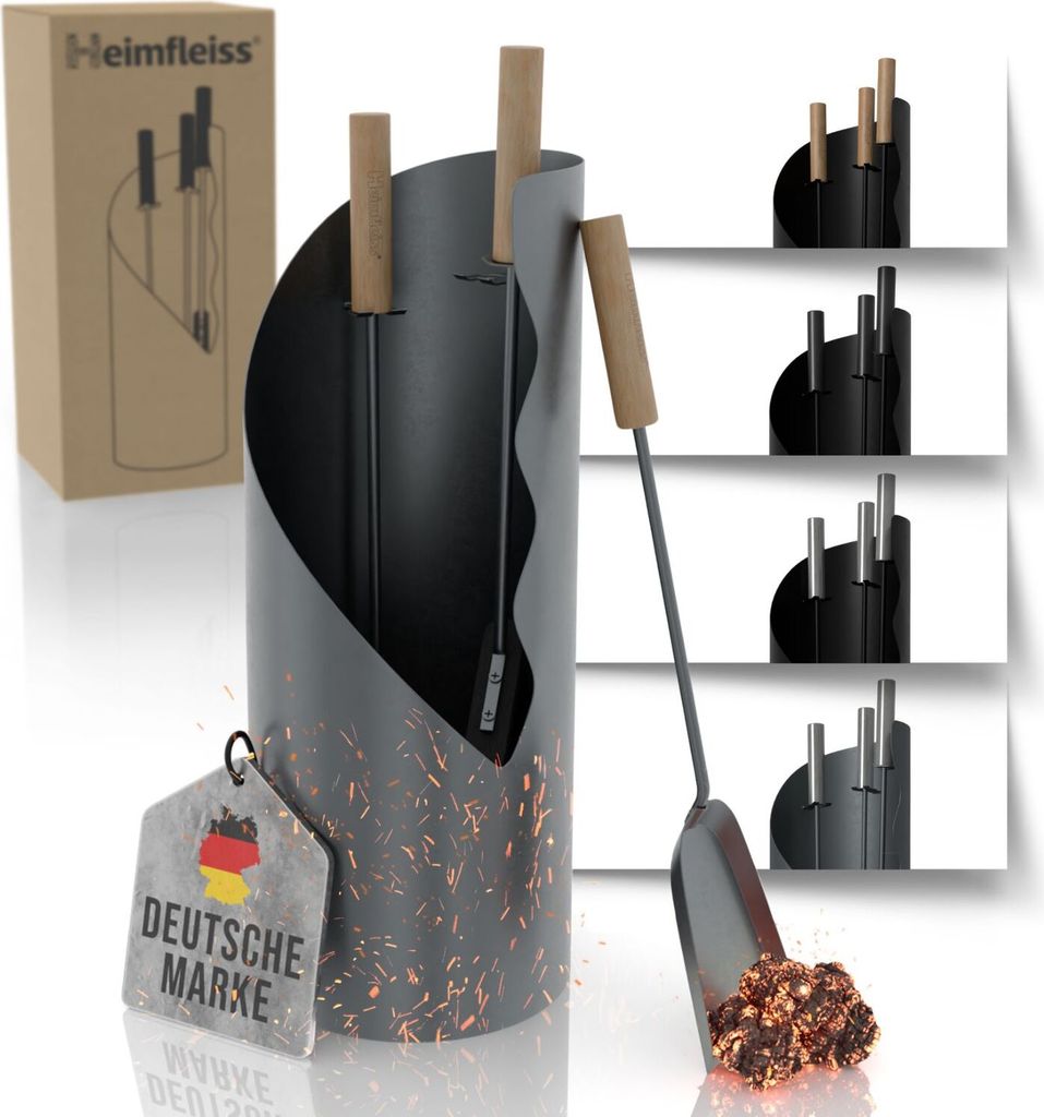 Heimfleiss Kaminbesteck Grau mit Holzgriffen – Modernes Kaminzubehör, 4-teilig