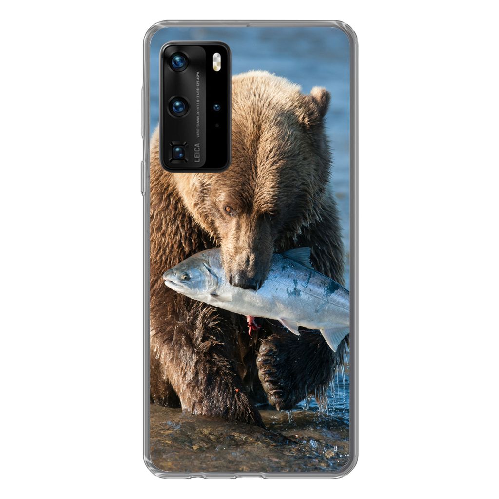 MuchoWow Handyhülle Schutzhülle Hülle für Huawei P40 Pro Bär - Braun - Fisch Silikon Softcase Handy Hülle - Schutz