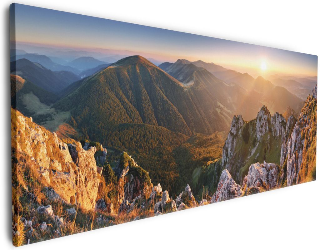 Wallario Premium Leinwandbild Berglandschaft mit Sonnenuntergang in der Slowakei in Größe 80 x 200 cm