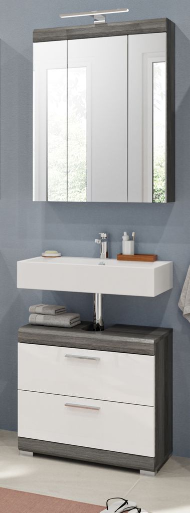 Badmöbel Set 2-teilig "Shawn" weiß Hochglanz grau 60 cm, inkl. Beleuchtung und Steckdose