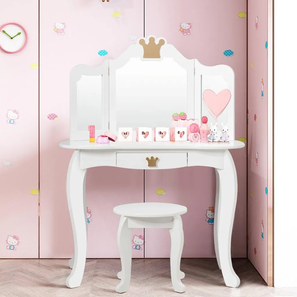 Table de maquillage enfant en bois blanc avec miroir amovible 80x42 cm