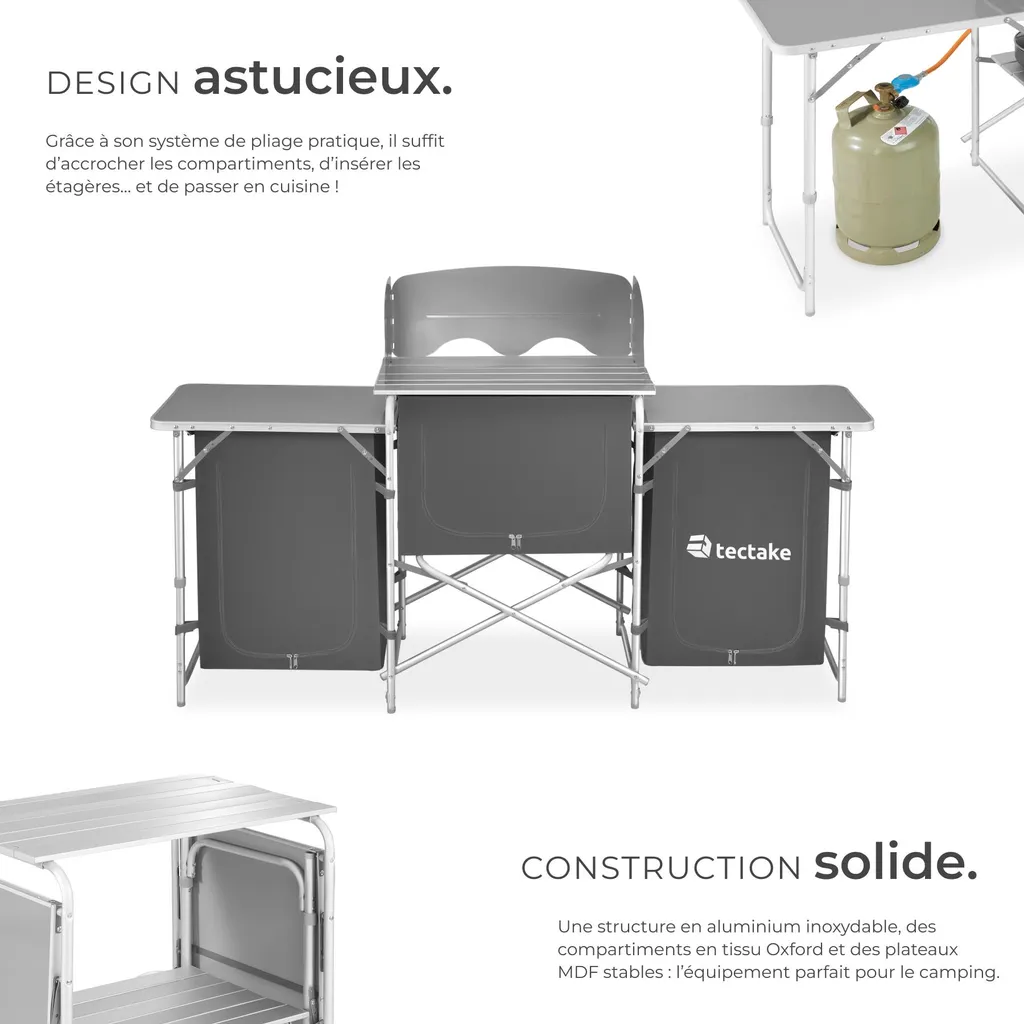Table de cuisine camping stable aluminium 172cm - Espace optimisé