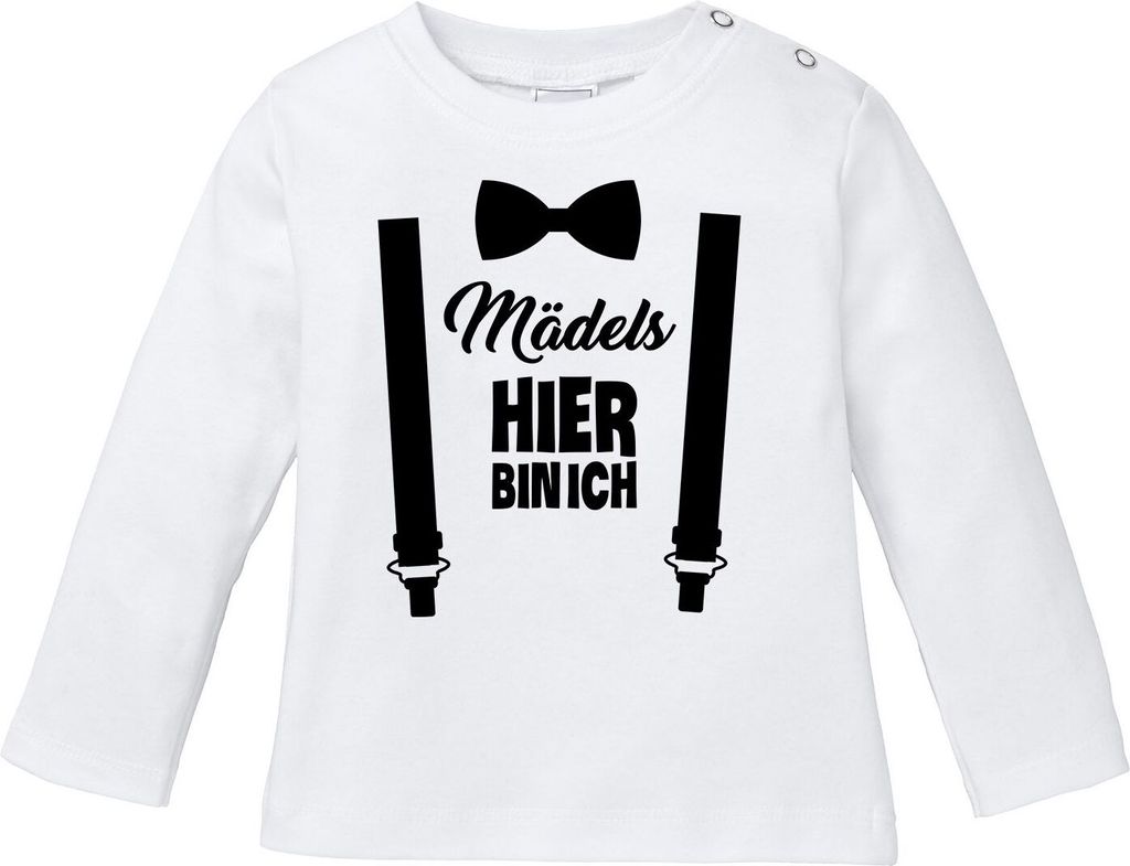 Baby Langarmshirt Babyshirt Mädels hier bin ich lustig Spruch Jungen Moonworks weiß 68/74 (4-9 Monate)