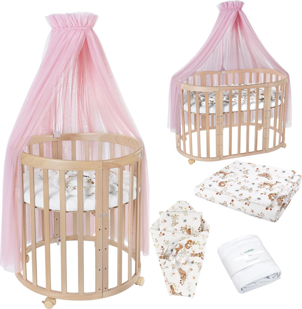 Mobiles Babybett OWAL aus Holz 7in1 mit Matratze, mitwachsend,Stoffe Rosa Tiere,Holz natur