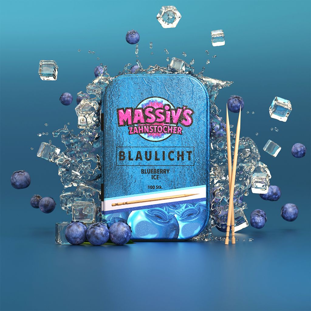 A product shot of a tin of blueberry ice flavored toothpicks, surrounded by blueberries, ice cubes, and water splashes.