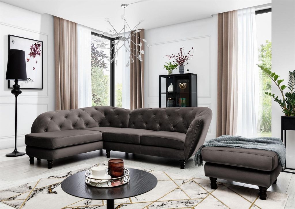 Ecksofa inkl.Hocker CHARLOTTE in Stoff Matt Velvet Braun Ottomane Links