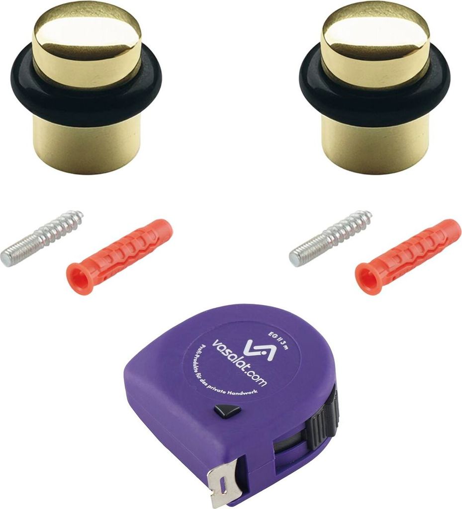 vasalat Türstopper Boden zum Schrauben ø 25mm, Höhe 30mm - runder Tür Stopper Boden mit Gummipuffer + Montagezubehör, Messing poliert - 2 Stück