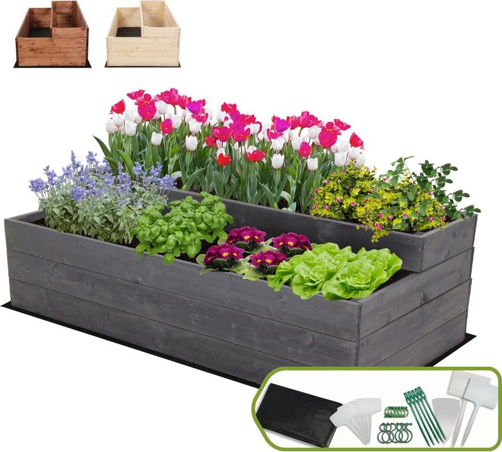 MODO24 Hochbeet Holz, Pflanzkasten, Massivholz, Kiefer, Kräuterbeet, Blumenkasten, Garten, Terrasse, 36x117x63 cm, Grau, ZP07