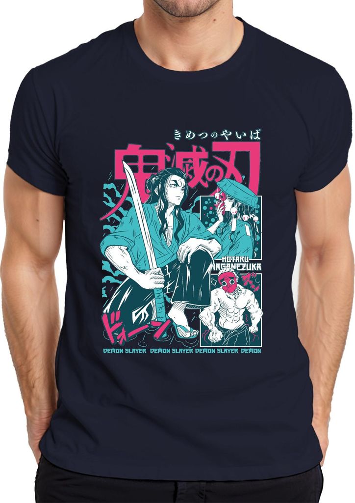 Demon Slayer Kimetsu no Yaiba Schwert Samurai Anime Japan Y2K Streetwear Maske Herren T-Shirt, Navy, XXL