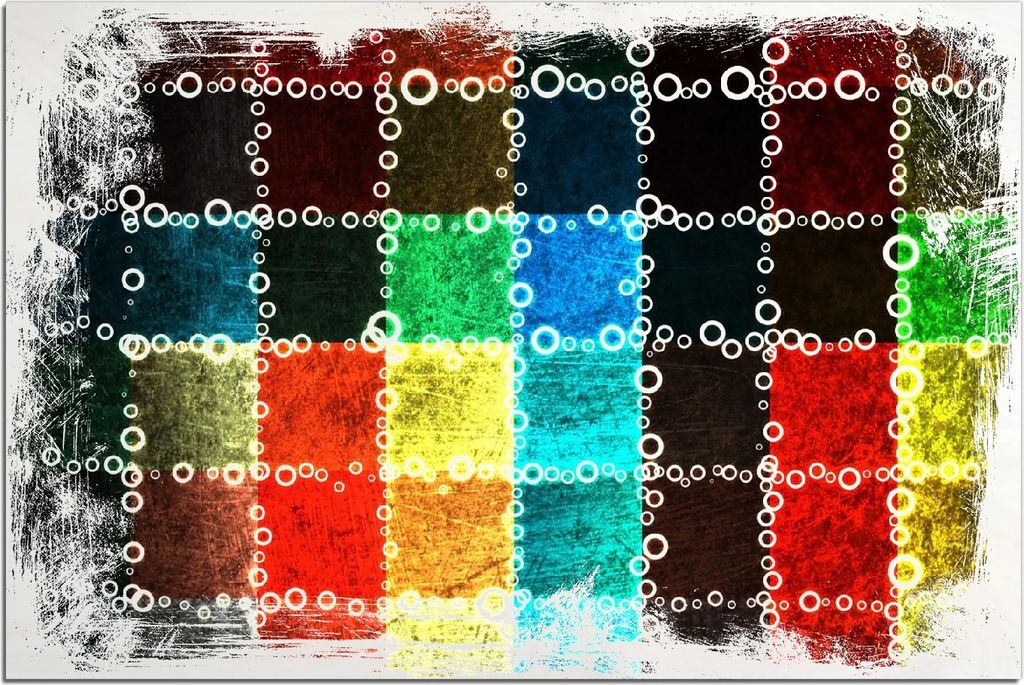 Kunstdrucke Wandbilder Holz in : Brillante Farben, Größe 60 x 90 cm Motiv Buntes Patchwork-Muster mit Kreisen