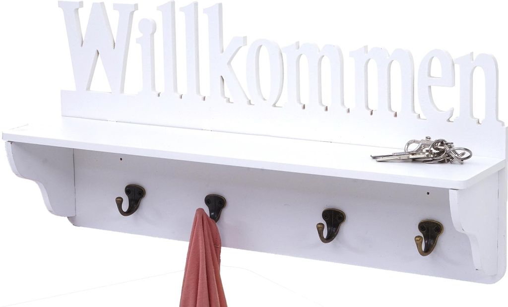Wandgarderobe MCW-D41 Willkommen, Garderobe Regal, 4 Haken massiv 30x60x13cm weiß
