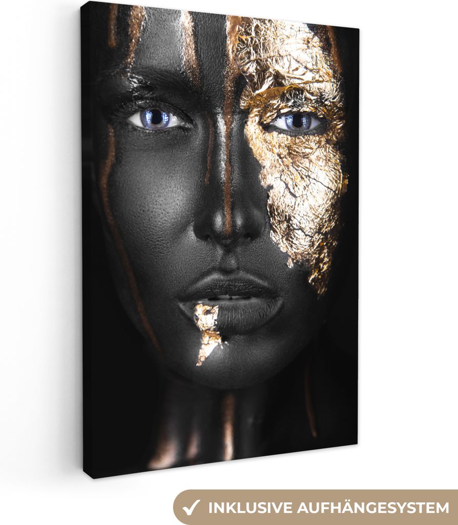 MuchoWow - Leinwandbilder - Frau - Blattgold - Schwarz - Gold - Luxus, Wandbild, Wanddeko Bilder Wohnzimmer, 60x90 cm