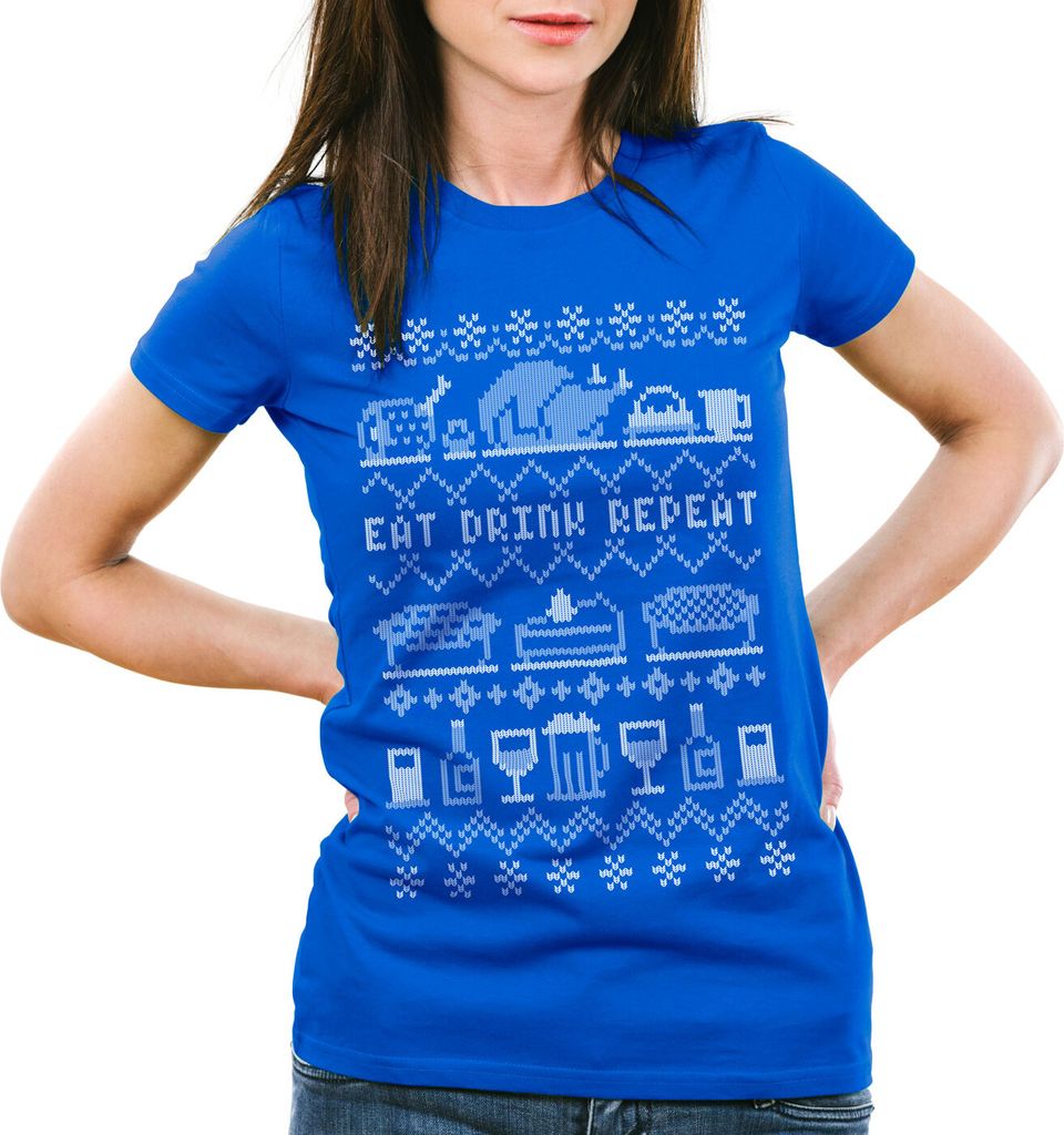 style3 Eat Drink Repeat Ugly Sweater Damen T-Shirt weihnachtsessen fressen feiertage x-mas pulli, Farbe:Blau, Größe:L