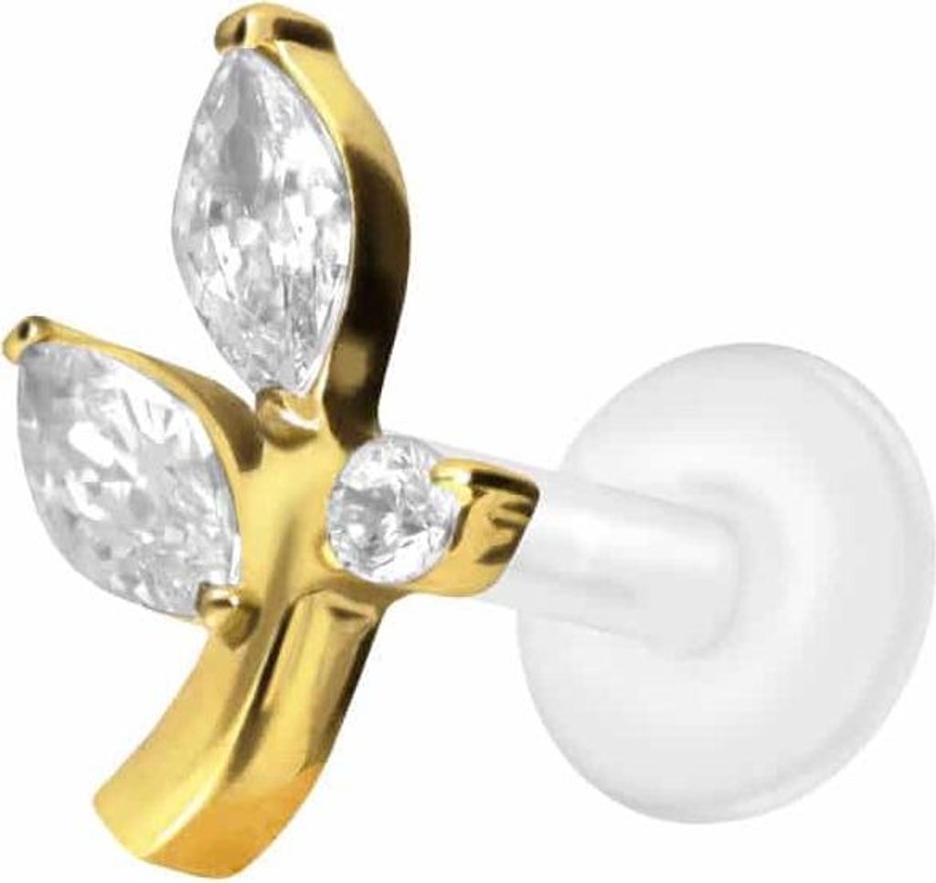 Ohrpiercing, Nasenpiercing PTFE Labret mit Innengewinde + Titan-Aufsatz KRISTALLZWEIG Gold Stablänge: 6mm | Stabstärke: 1,2mm