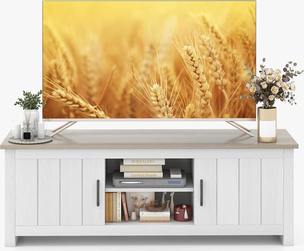 KOMFOTTEU Fernsehtisch, Lowboard für Fernseher bis zu 65 Zoll, TV Ständer mit 2 Schränken & 2 offenen Regalen, Fernsehschrank TV Schrank für Wo...