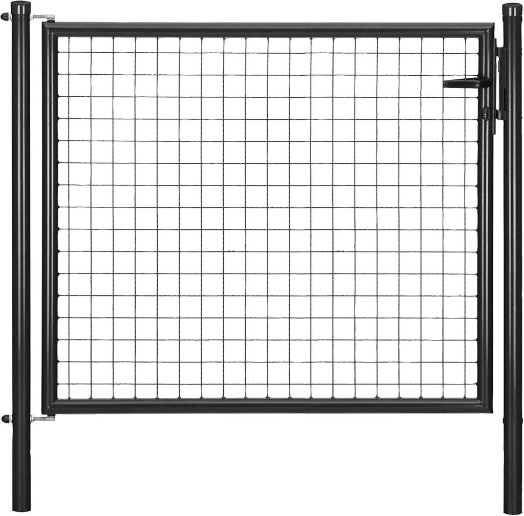 A black metal garden gate with a wire mesh infill, shown in isolation against a white background.