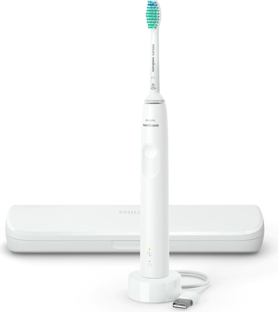 A white electric toothbrush and its charging base are displayed against a white background.
