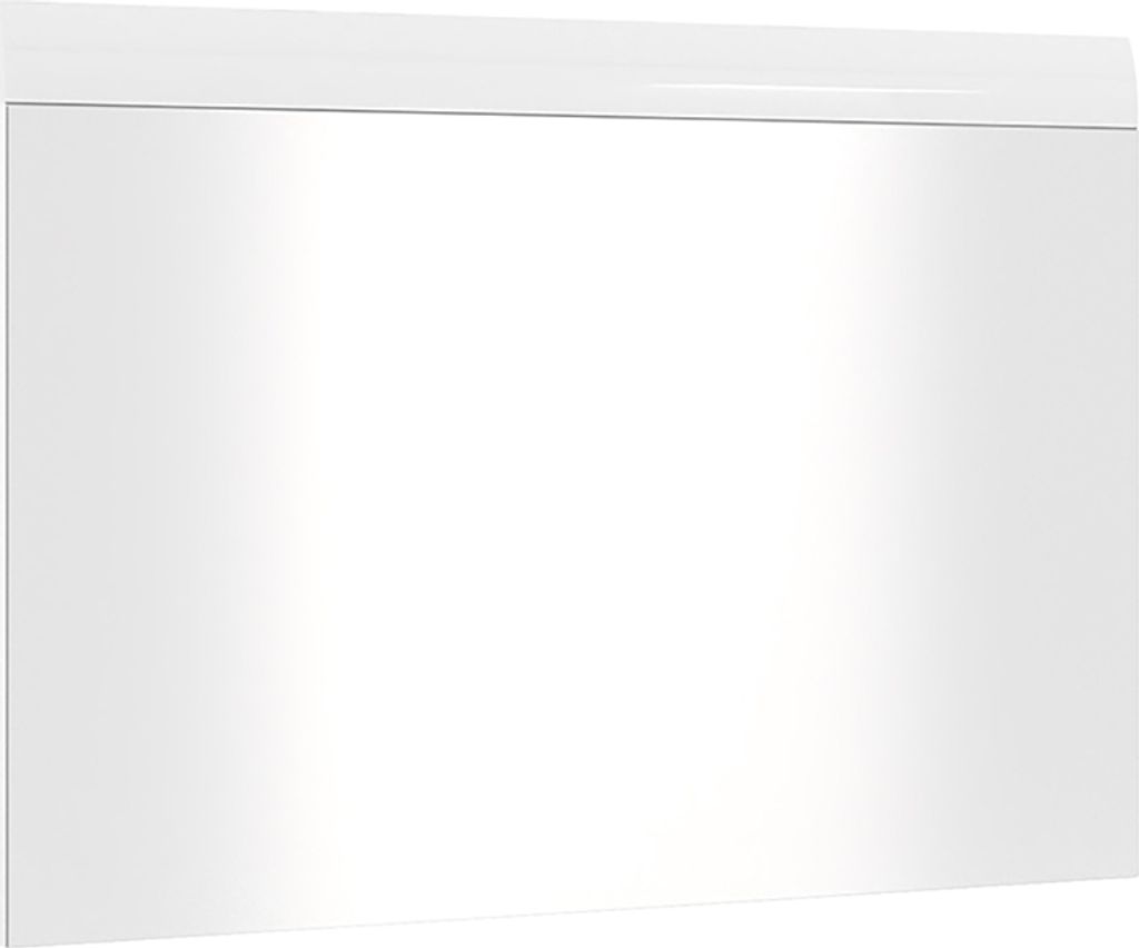 A white, high-gloss wardrobe set with a mirror and shoe bench.