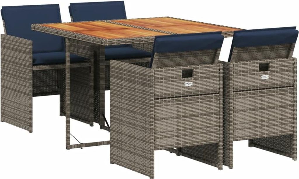 5-teiliges Garten-Ess-Set mit Kissen, grau, Polyrattan