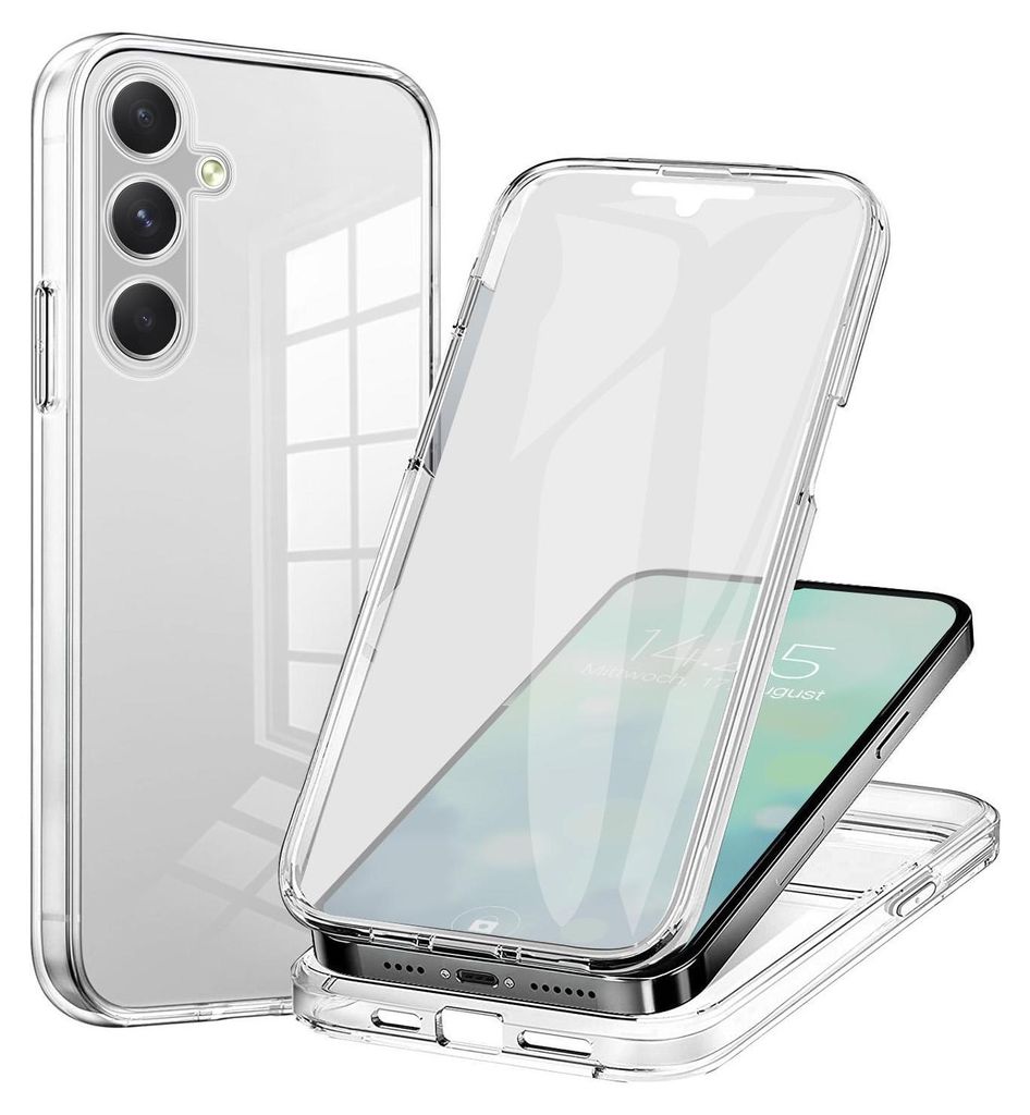 A transparent phone case is shown in two configurations: one enclosing a smartphone, and another showing the back of a smartphone with a case on it.