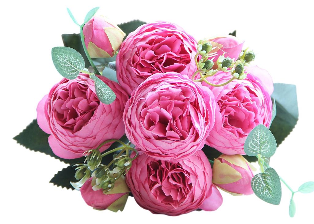 Künstlicher Pfingstrosenstrauß mit 5 Blütenköpfen und 4 Knospen, künstliches Pfingstrosen-Gesteck für die Vase, Boho-Hochzeitstischdekoration