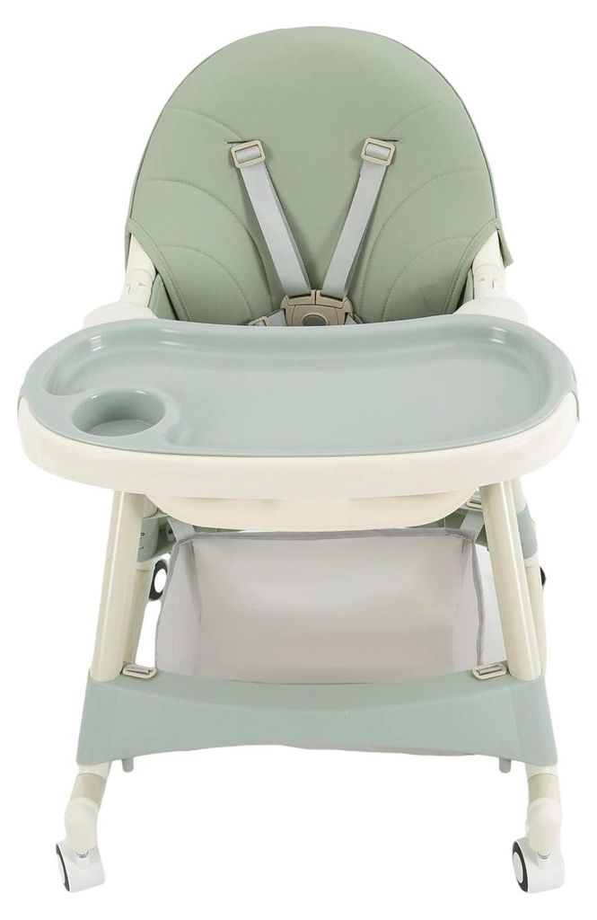 Baby Hochstuhl - Multifunktionaler Hochstuhl - Schaukelfunktion - Höhenverstellbar - Rückenlehne 3-stufig - Universalrollen - Esstablett - Grün