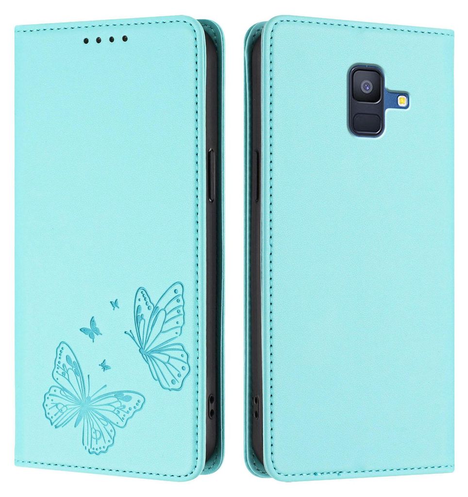 Lederhülle für Samsung Galaxy A6 2018, Schmetterling Prägung Leder Brieftasche Schutzhülle mit Ständer Türkis