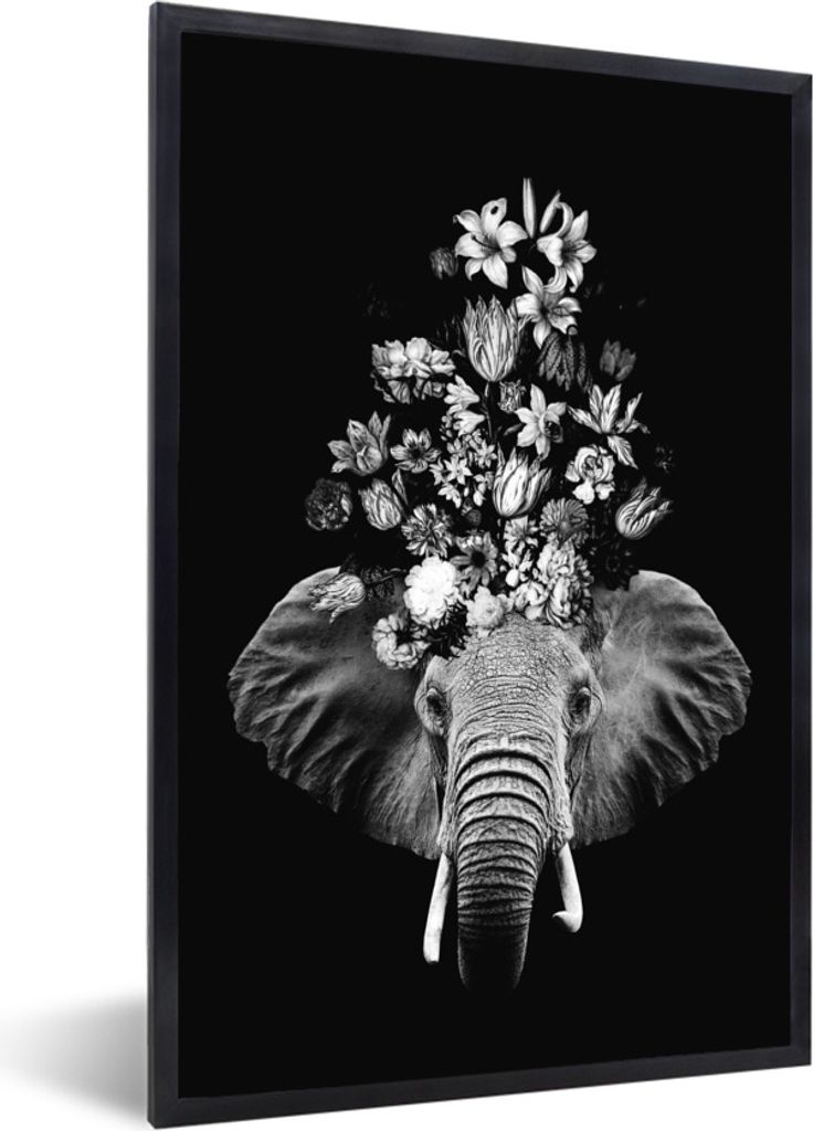 MuchoWow Gerahmtes Poster Elefant mit Blumen vor schwarzem Hintergrund - schwarz und weiß 40x60 cm - Poster mit Schwarzem Bilderrahmen Wandposte...