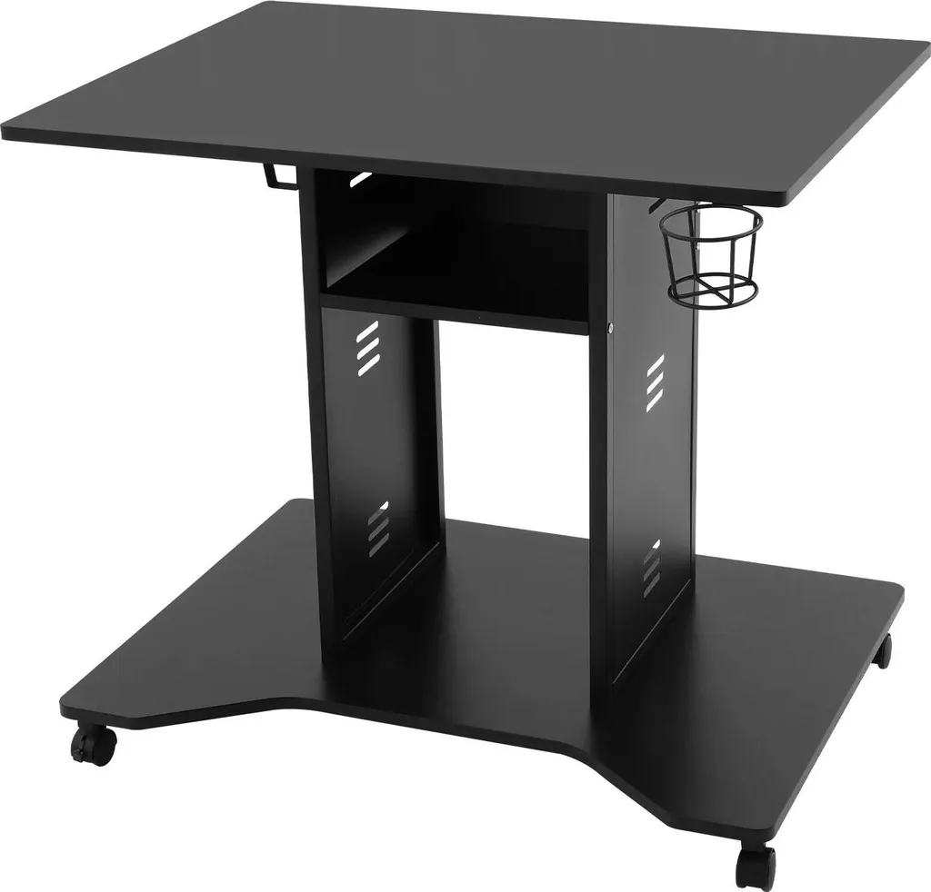Poste de travail compact noir sur roulettes avec structure métal et U