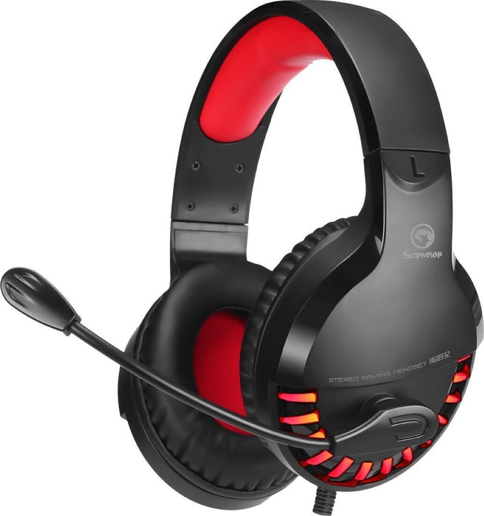 MARVO HG8932 Wired Gaming Headset, schwarz/rot, 3,5mm Klinke (Audio) + USB (Light), kabelgebunden, 7.1 Surround Sound, Over Ear