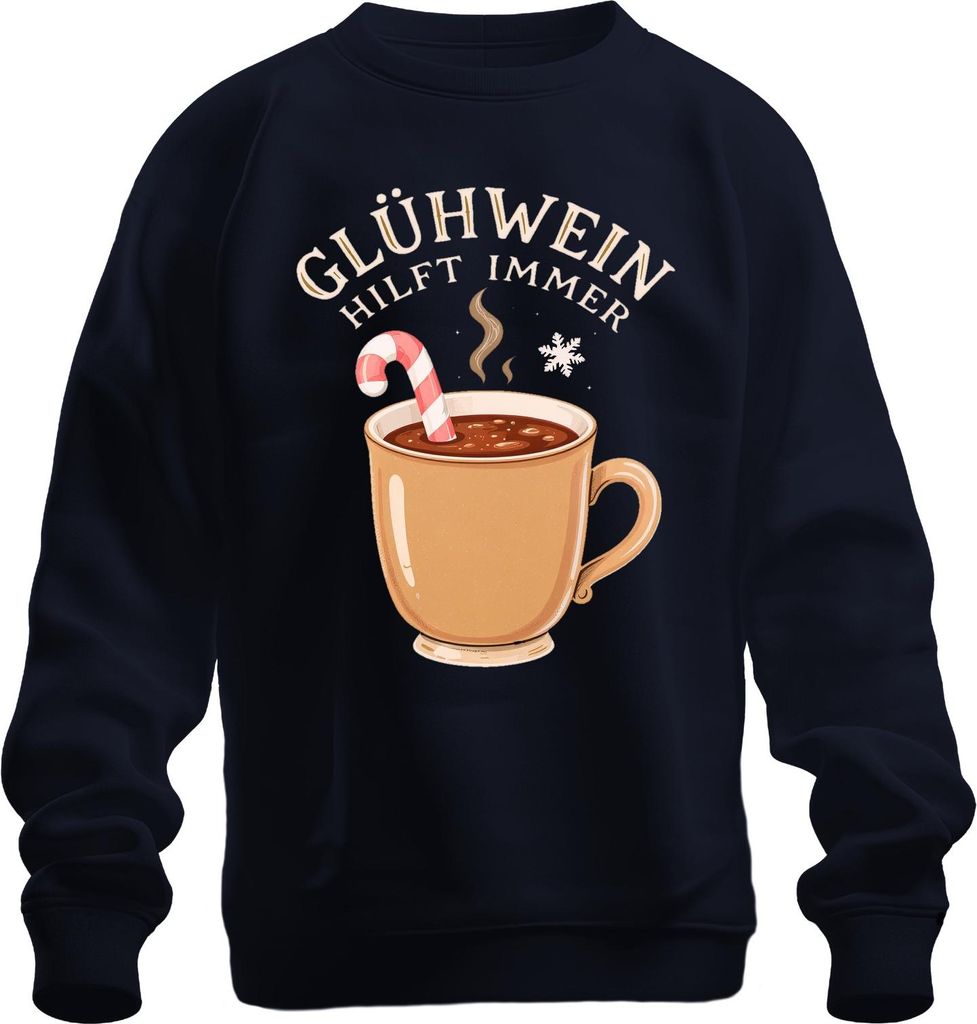 Glühwein hilft immer Weihnachtsmarkt Winter Geschenk Zuckerstange Uni Sweatshirt Pullover, Navy, M
