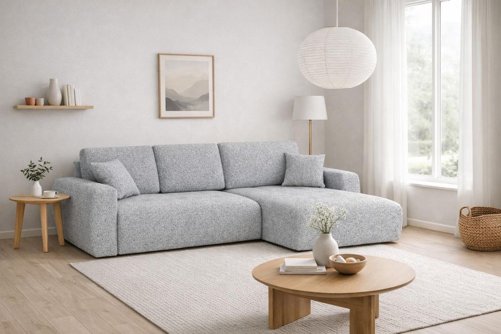 Kaiser Möbel Ecksofa mit Schlaffunktion und Bettkasten L-Form Ivo XL, Chenille-Stoff Artico, Cement, Rechts
