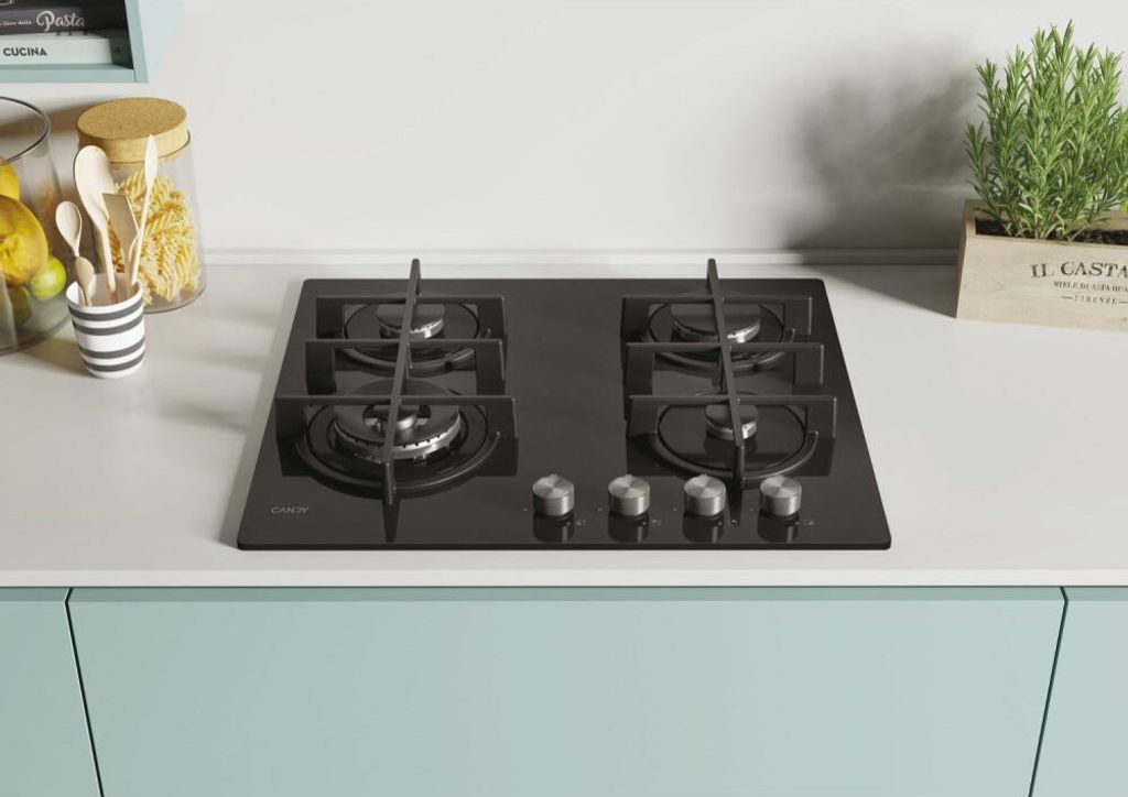 Candy CDK6GF4WEKB, Schwarz, Integriert, 59.5 cm, Gaskochfeld, Gehärtetes Glas, 4 Zone(n)