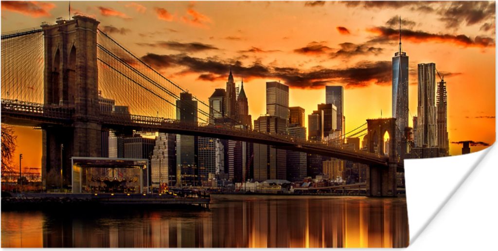 MuchoWow Poster Die Brooklyn Bridge vor einem orangefarbenen Himmel 150x75 cm - ohne Rahmen