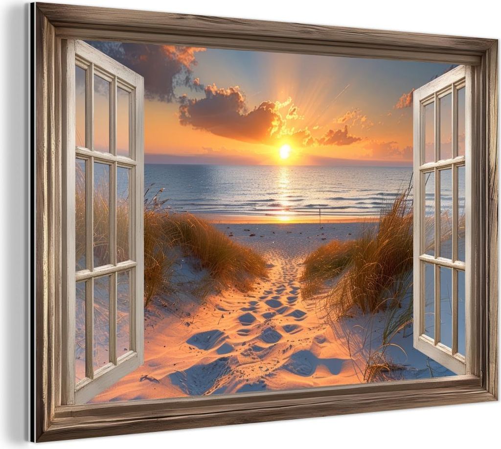 MuchoWow Wanddekoration Metall Metallbild Wandkunst 90x60 cm Durchblick - Strand - Dünen - Sonnenuntergang MuchoWow Aluminium Gemälde - Wandbilder