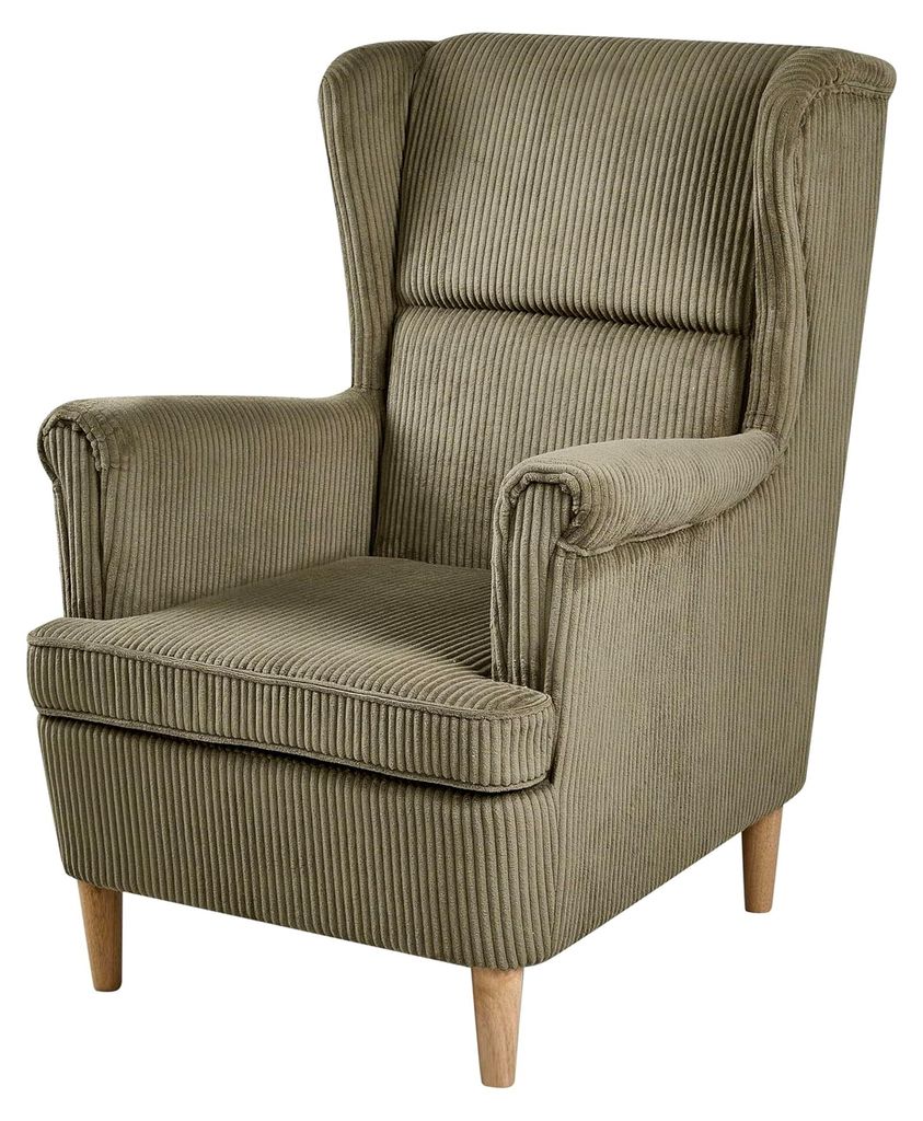 Ohrensessel Cord in Grün mit Armlehnen und Holzbeinen