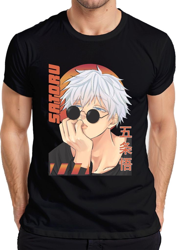 Gojo Satoru Jujutsu Kaisen Anime Sonnenbrille Weißhaar Geschenk Herren T-Shirt, Schwarz, XL
