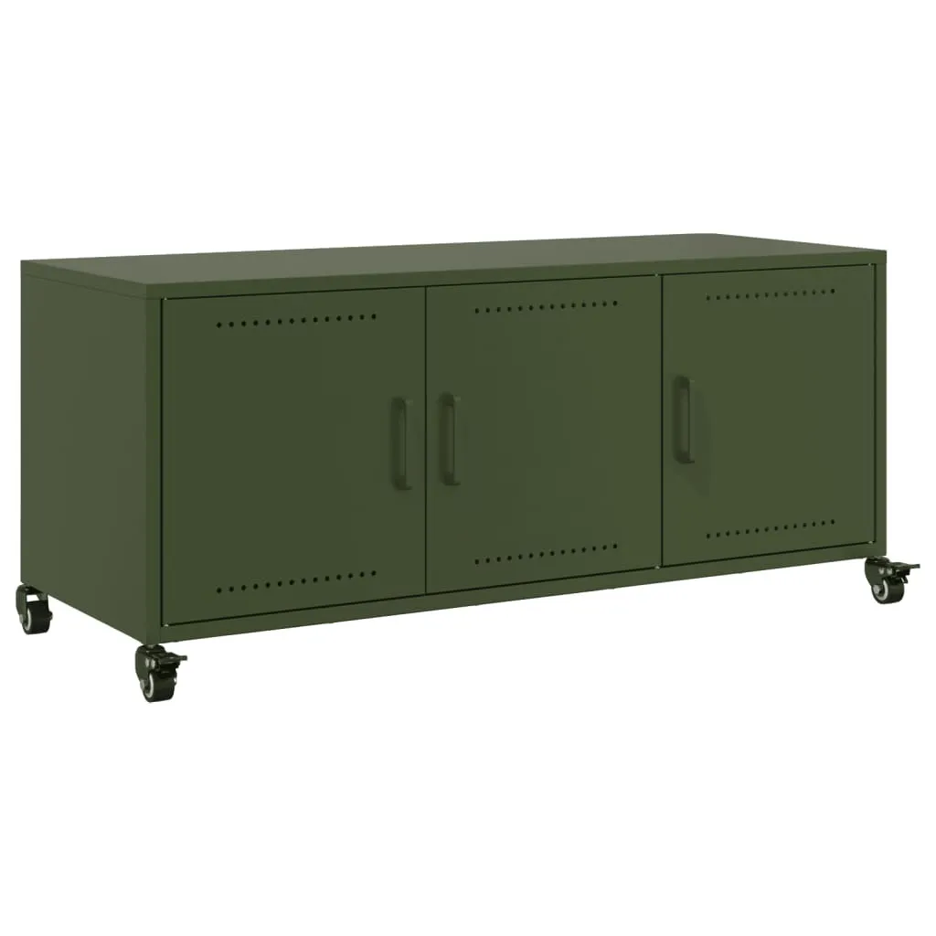 Buffet TV en acier vert olive avec portes ventilées et structure renforcée