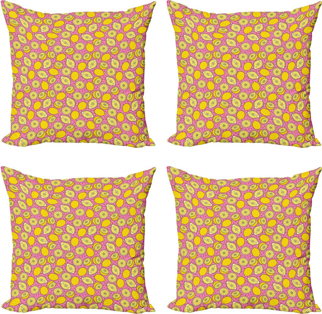 ABAKUHAUS Zitronen Kissenbezug Set (4 Stück), Pop Citrus Scheiben Kunst, Moderner Doppelseitiger Digitaldruck, 40 cm x 40 cm, Rosa, Gelb und Creme