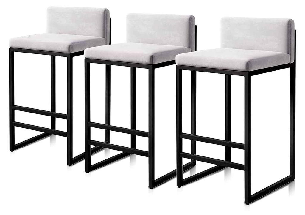 Moderne Frühstücksbar aus Samt, 3er-Set, mit Rückenlehne und schwarzem Metallrahmen, 75 cm, weiße Thekenstangen, Traglast 150 kg, Küchenmöbel