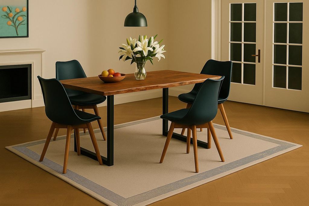 Essgruppe Baumkante massiv 140 x 80 cm Akazie nussbaumfarben U-Gestell schwarz & 4 Stühle schwarz QUINN