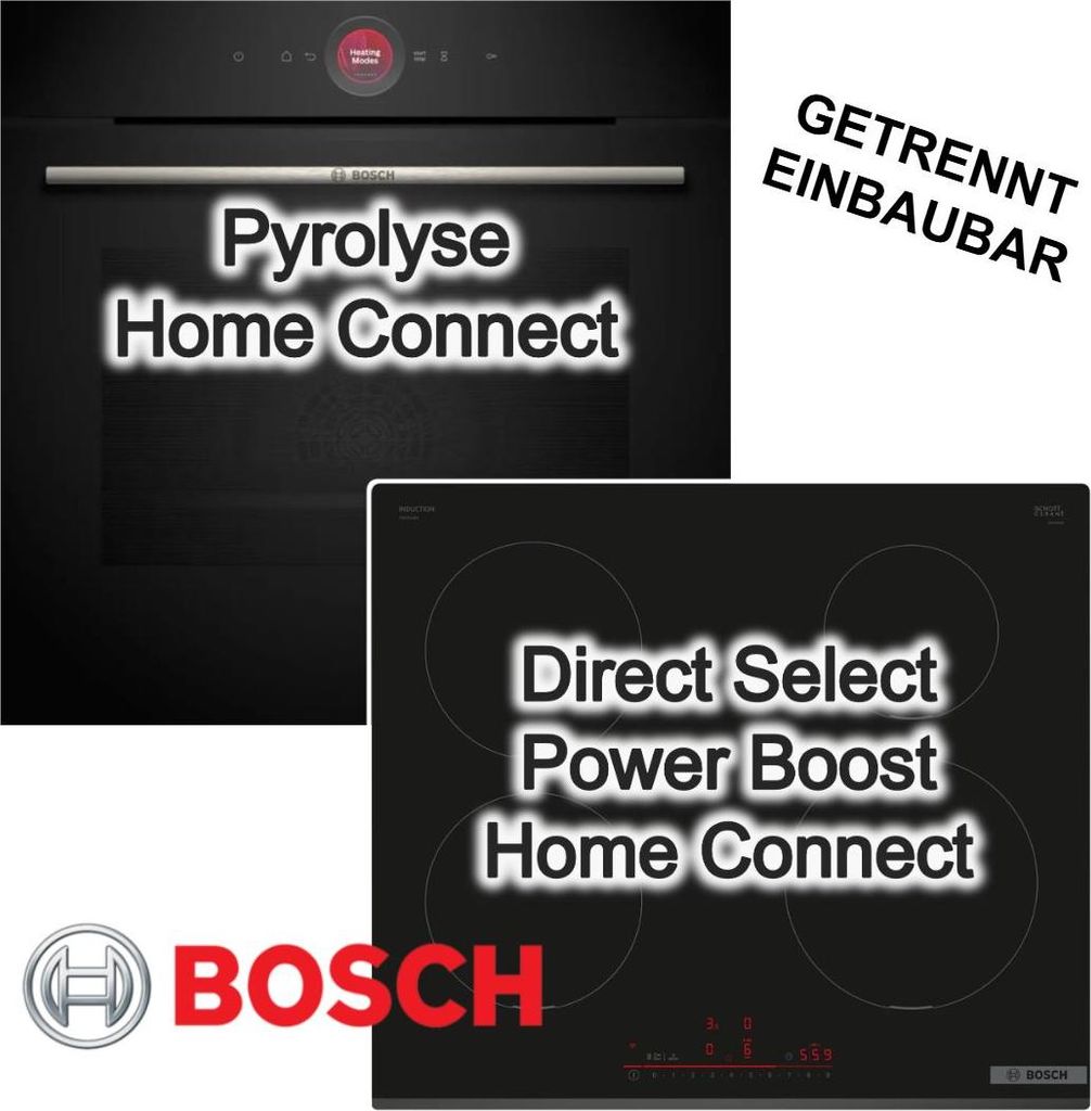 BOSCH Backofenset Einbau Backofen 71 Liter Pyrolyse Home Connect Induktionskochfeld DirectSelect Schwarz