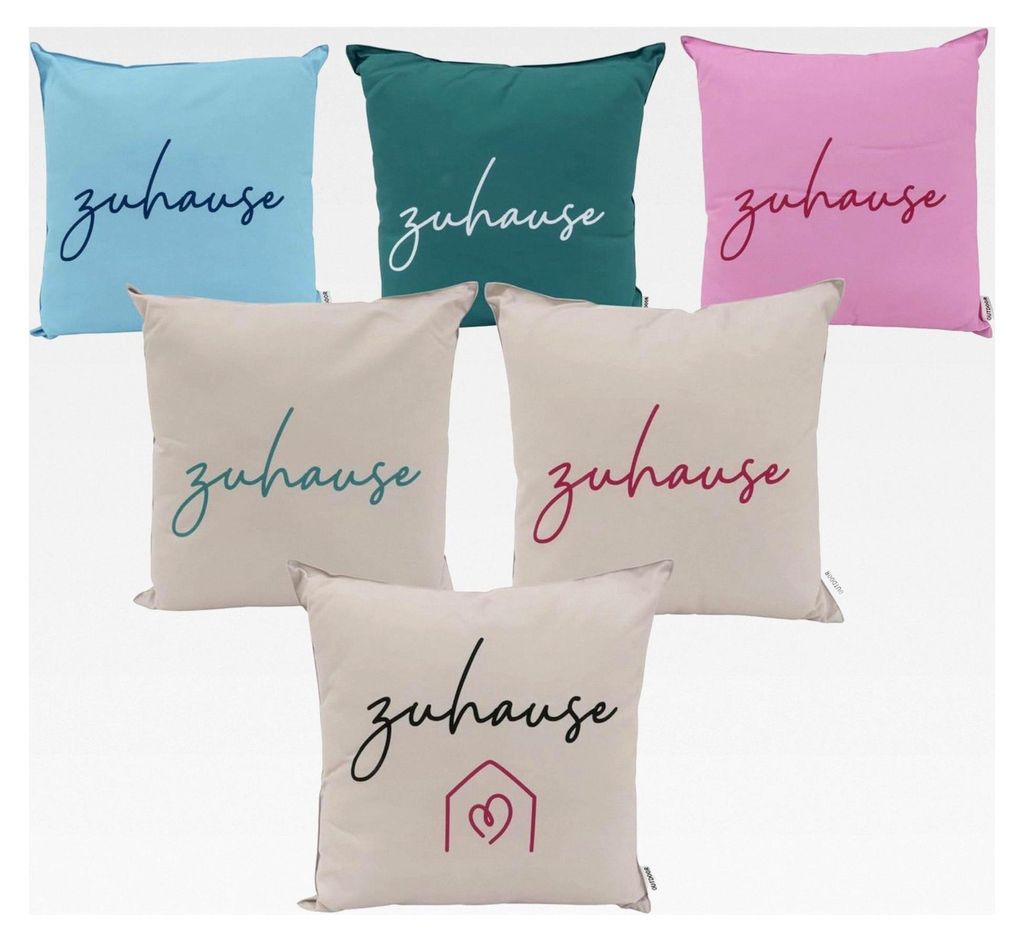 Wasserabweisendes Gartenkissen 45x45cm mit Füllung und Schriftzug Zuhause (beige/schwarz/pink)