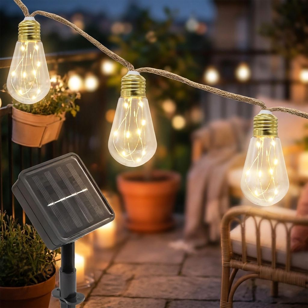 LED Solar Lichterkette mit 16 Glühbirnen auf 540 cm - warm weiß - Garten Deko Beleuchtung mit transparenten Lampen an Naturkordel