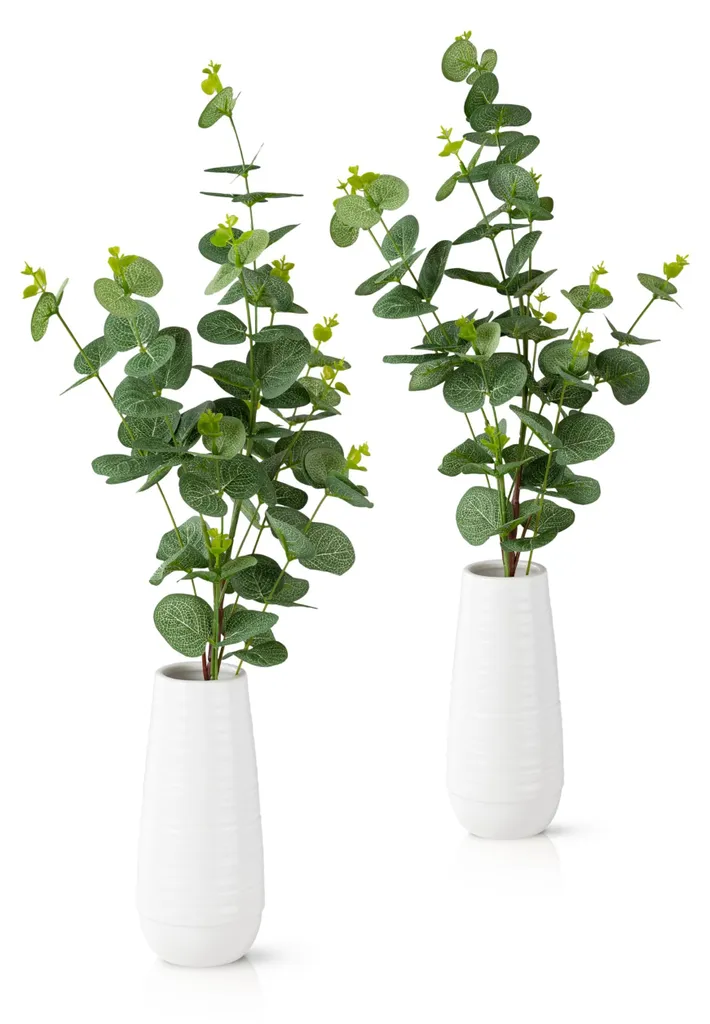 Eucalyptus Artificiel Sans Entretien : 2 Plantes avec Vases Blancs