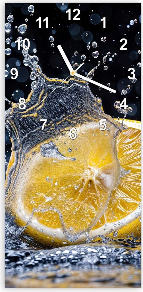 Wanduhr aus Glas mit Motiv Zitronenspritzer- 30 x 60 cm - inkl. Aufhängesystem